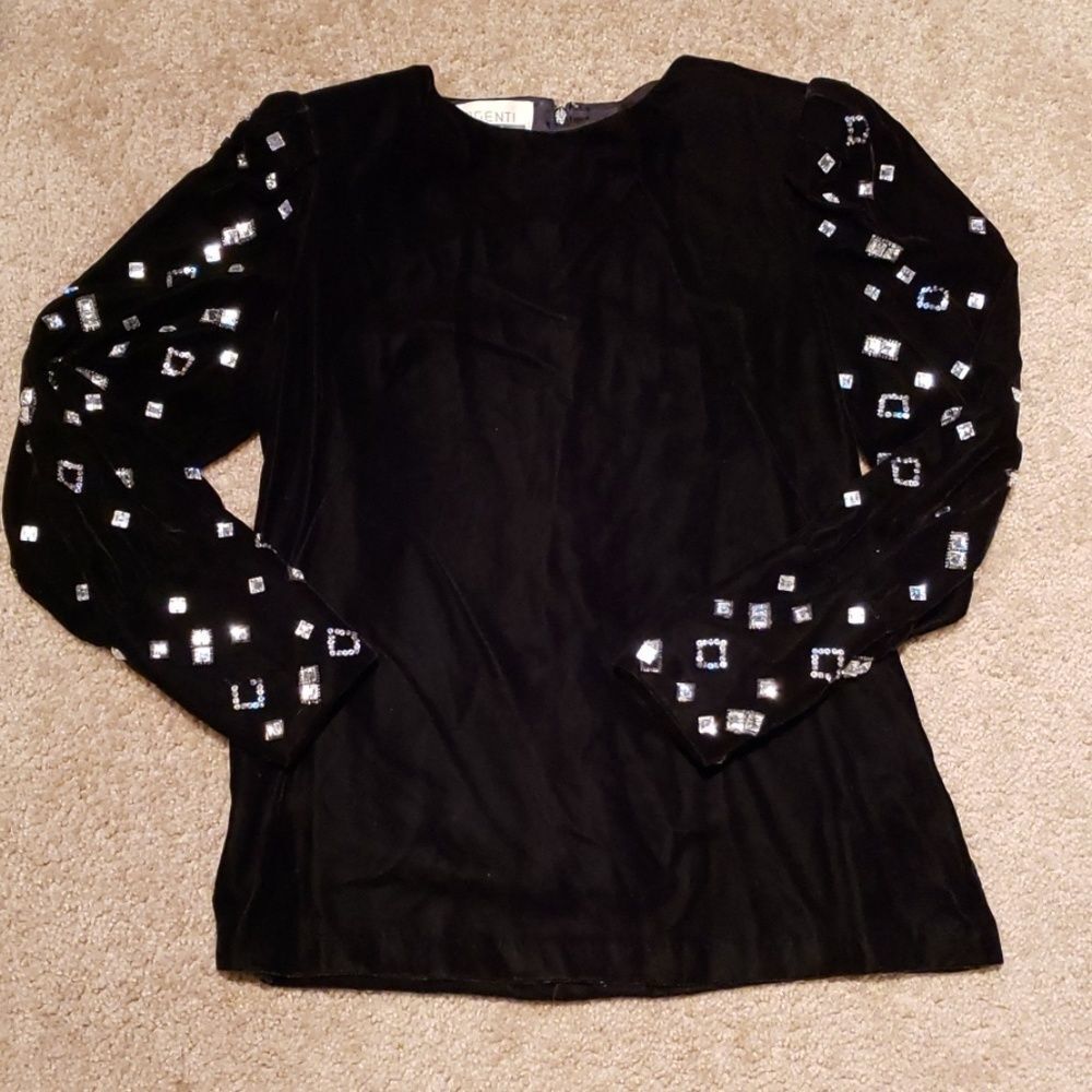 Vtg 80s Black Velvet Diamond Life Top sz M